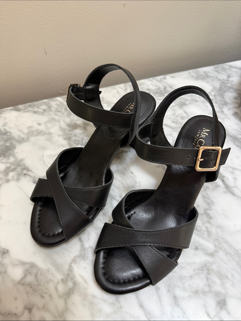 Mr. Cat Black Leather Ankle-Strap Sandals